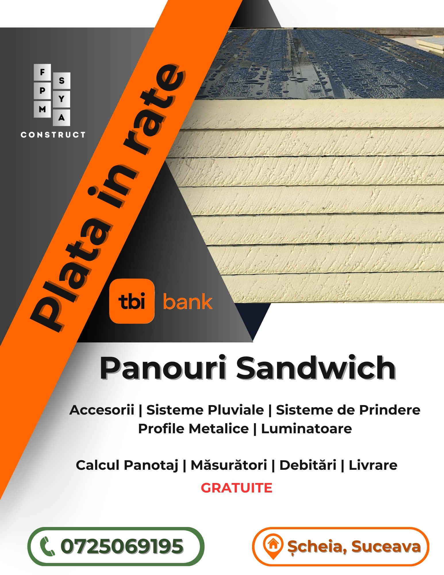 Panouri sandwich diverse culori/Profile Metalice si Montaj - Plata in rate Disponibilă